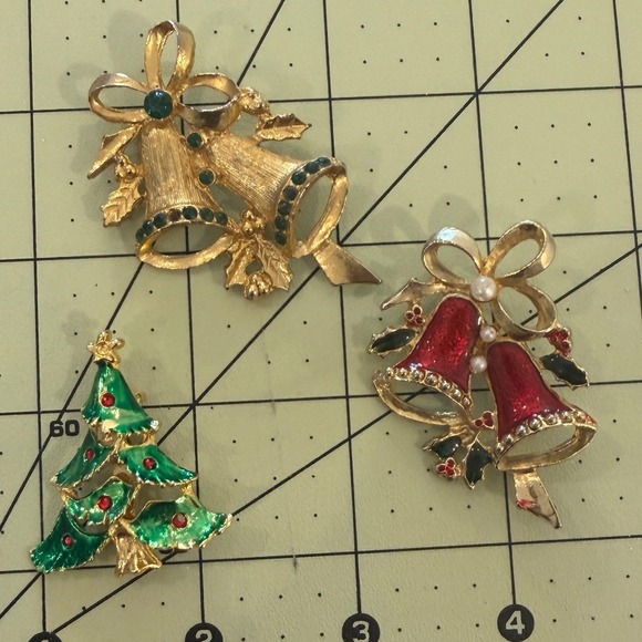 Jewelry - Vintage Christmas Brooch Lot 3pc Enamel Rhinestone Tree Gold Red Bells Pins